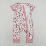 SR0924-- flower cow pink short sleeve girls romper