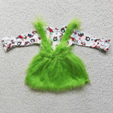 Long sleeve top green plush suspenders skirt