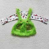 Long sleeve top green plush suspenders skirt