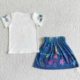 white top +blue dress  girl clothing