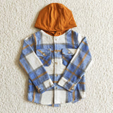 blue and brown flannel pull over