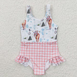 S0118  Summer girls horse and orange plaid swim suit