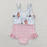 S0118  Summer girls horse and orange plaid swim suit