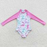 pink dinosaur long sleeve girls swimsuit