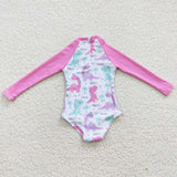 pink dinosaur long sleeve girls swimsuit