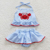 S0081  crab blue Seersucker girl swimsuit