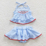 S0081  crab blue Seersucker girl swimsuit