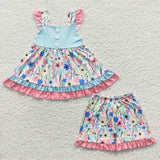 summer sleeveless blue floral girls outfits