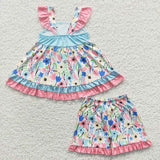 summer sleeveless blue floral girls outfits