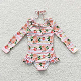 Long-sleeved floral peach one-piece swimsuit