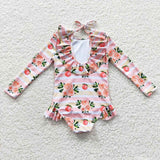 Long-sleeved floral peach one-piece swimsuit