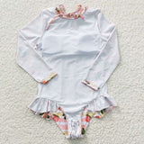 Long-sleeved floral peach one-piece swimsuit