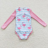 Long-sleeved flamingo one-piece swimsuit