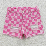 Checkered denim shorts pink