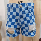 Checkered denim shorts blue