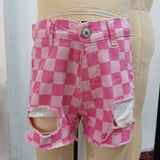 Checkered denim shorts pink