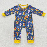 cartoon bear and pig yellow zip romper
