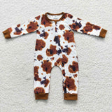 long sleeve leopard brown zip romper
