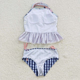 blue plaid flower swimsuit