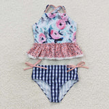 blue plaid flower swimsuit