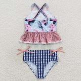 blue plaid flower swimsuit