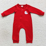 long sleeve embroidered Christmas red cotton boy zip romper