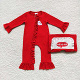 long sleeve embroidered Christmas red cotton girls zip sleeper