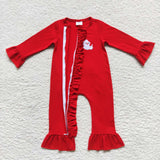 long sleeve embroidered Christmas red cotton girls zip sleeper