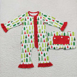 LR0626--Christmas TREE green girls zip romper