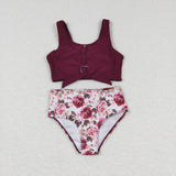 S0141--dark red floral leopard swim suit