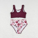 S0141--dark red floral leopard swim suit