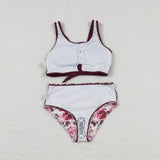 S0141--dark red floral leopard swim suit