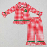 Matching long sleeve Christmas tree plaid boys and girls pajamas embroidery