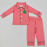 Matching long sleeve Christmas tree plaid boys and girls pajamas embroidery
