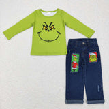 BLP0225-- Christmas cartoon green top +  jeans outfits