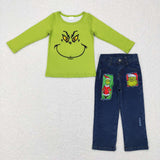 BLP0225-- Christmas cartoon green top +  jeans outfits