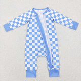 LR0811-- long sleeve blue checkerboard zip romper