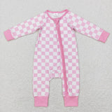 LR0810--long sleeve pink checkerboard zip romper
