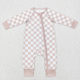 LR0809--long sleeve Khaki checkerboard zip romper
