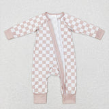 LR0809--long sleeve Khaki checkerboard zip romper