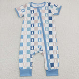 Short sleeves blue palid bunny baby zipper easter romper