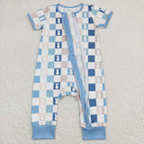Short sleeves blue palid bunny baby zipper easter romper