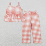 Sleeveless orange plaid ruffle top pants girls outfits