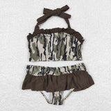 Halter backless ruffle camo 2 pcs baby girls swimsuit