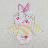 Yellow stripe floral girls one pc summer swimsuit