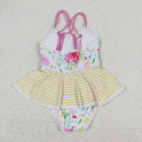 Yellow stripe floral girls one pc summer swimsuit