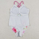 Yellow stripe floral girls one pc summer swimsuit