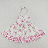 Pink floral stripe girls summer halter dresses