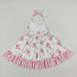 Pink floral stripe girls summer halter dresses