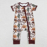 Short sleeves boots hat cactus boy western zipper romper